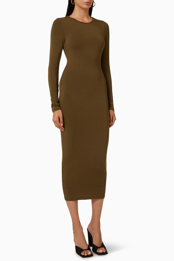 

Good Touch Long Sleeve Maxi Dress in Stretch Rayon, Brown