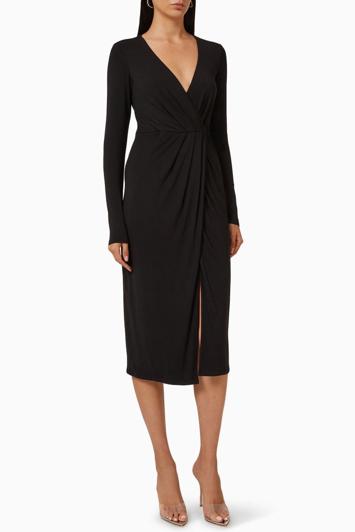 

Good Touch Wrap Midi Dress in Stretch Rayon, Black