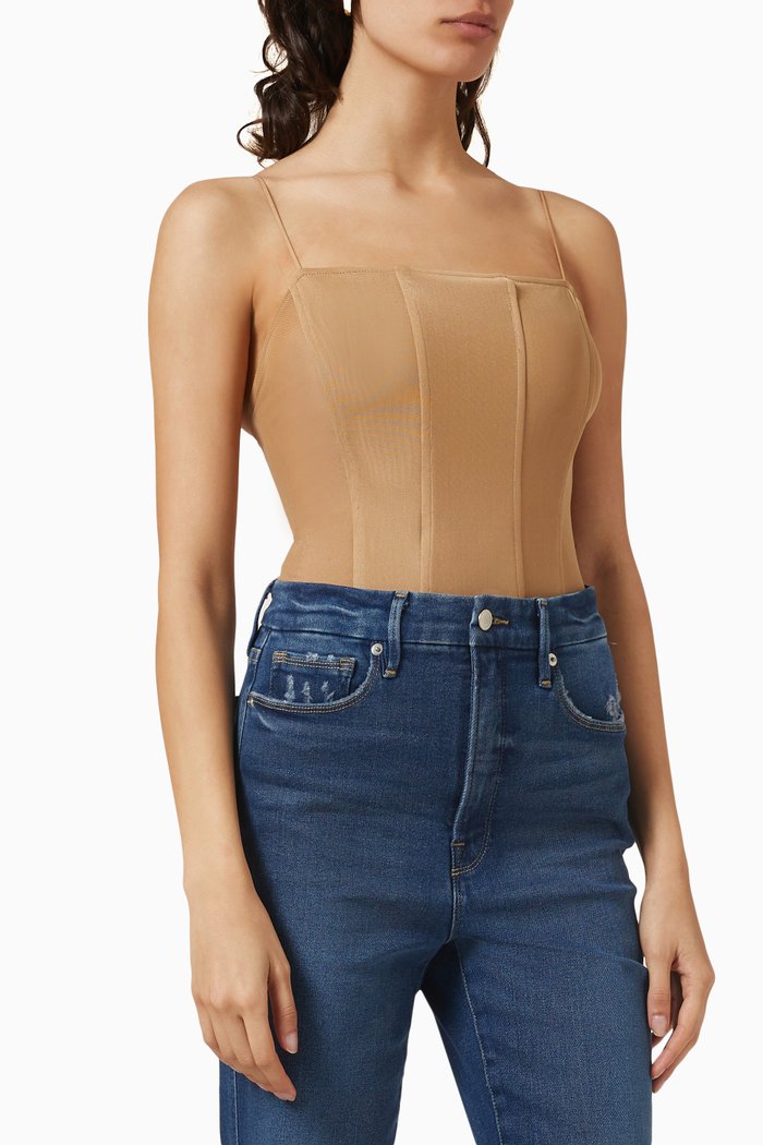 Corset Bodysuit in Mesh, Brown