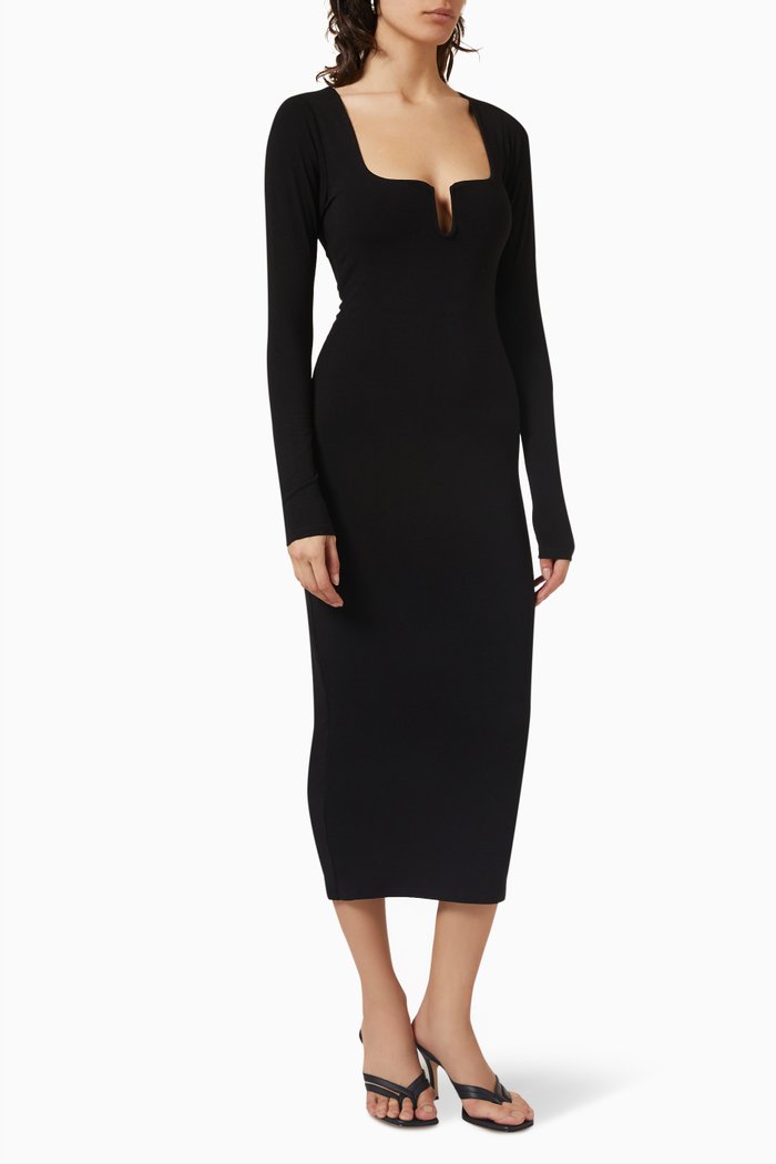 

U Ring Midi Dress in Rayon Jersey, Black