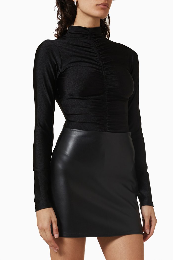 

High Shine Compression Ruched Bodysuit, Black