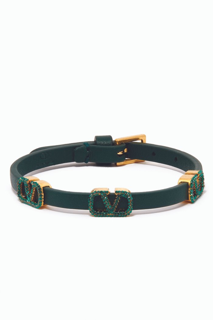 

Valentino Garavani VLOGO Signature Strass Bracelet in Grainy Leather, Green