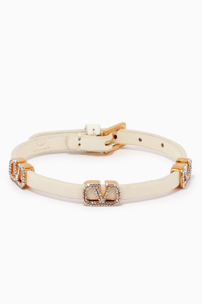 Valentino Garavani VLOGO Signature Strass Bracelet in Grainy Leather, White