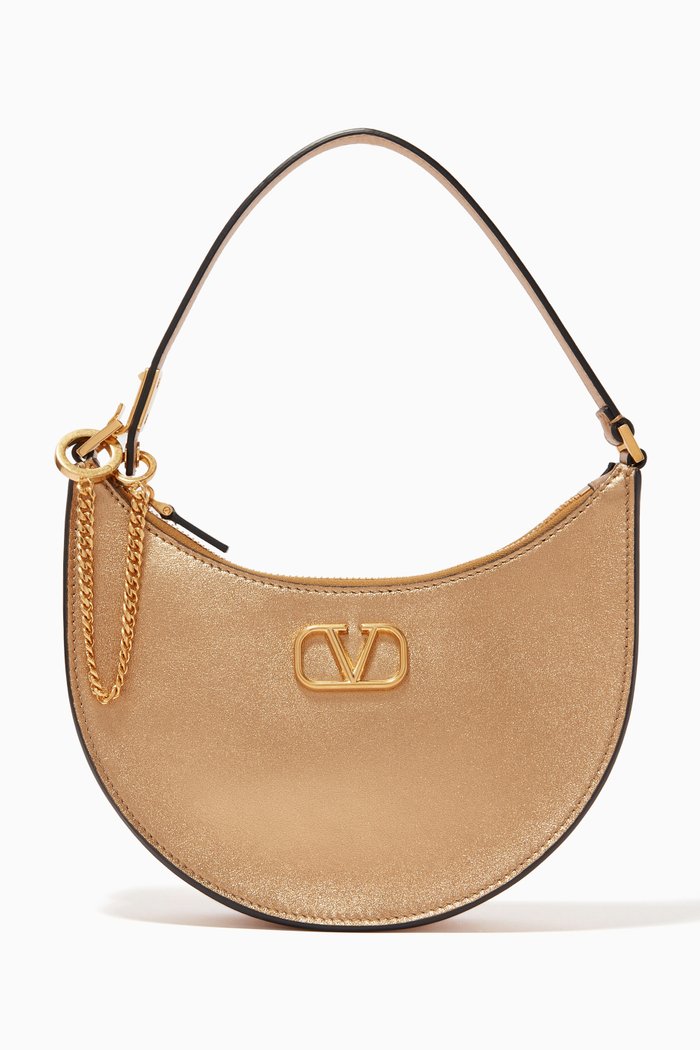 Valentino Garavani VLOGO Mini Hobo Bag in Laminated Grainy Calfskin, Gold