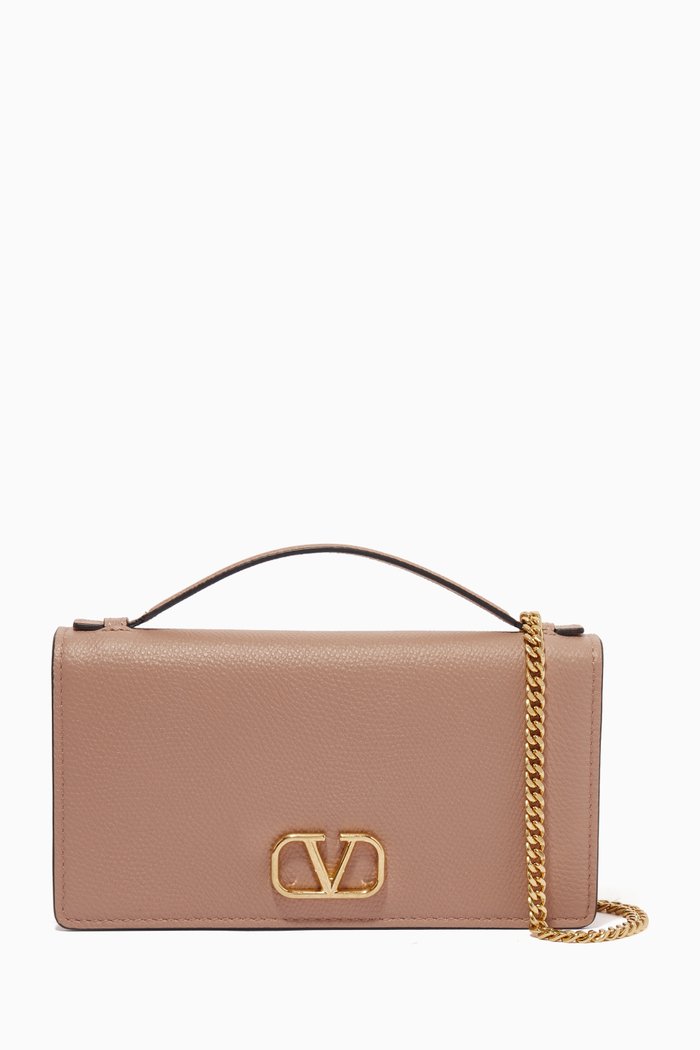 

Valentino Garavani VLOGO Signature Chain Wallet in Grainy Calfskin, Pink
