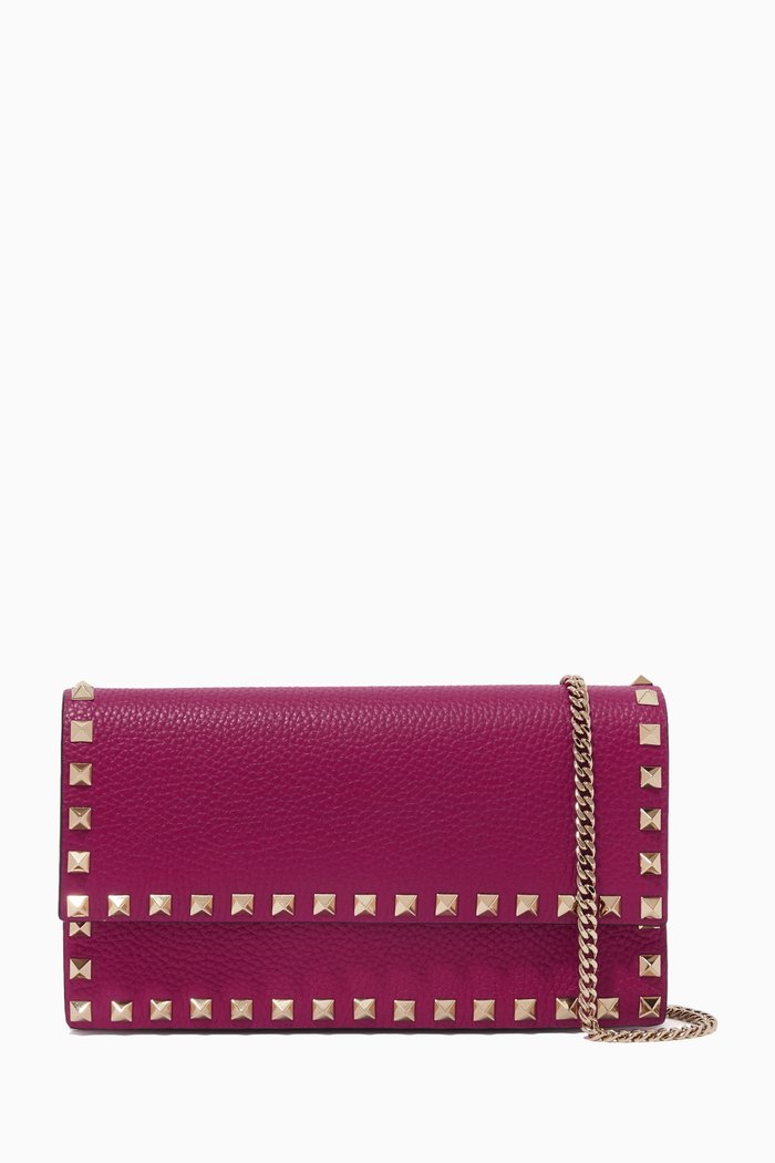 

Valentino Garavani Rockstud Wallet on Chain in Grained Leather, Pink