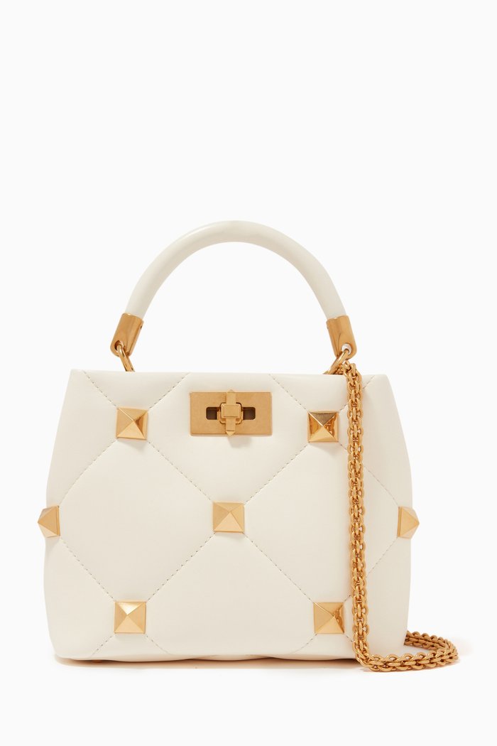

Roman Stud Small Top Handle Bag in Quilted Nappa, Neutral