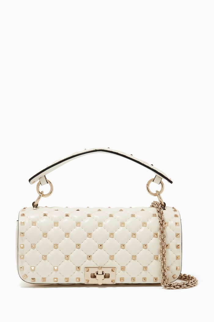 Valentino Garavani Rockstud Spike Shoulder Bag in Quilted Nappa, Neutral