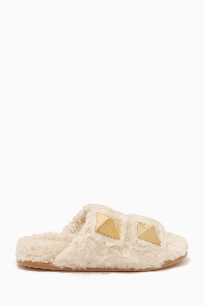 

Valentino Garavani One Stud Slides in Shearling, White