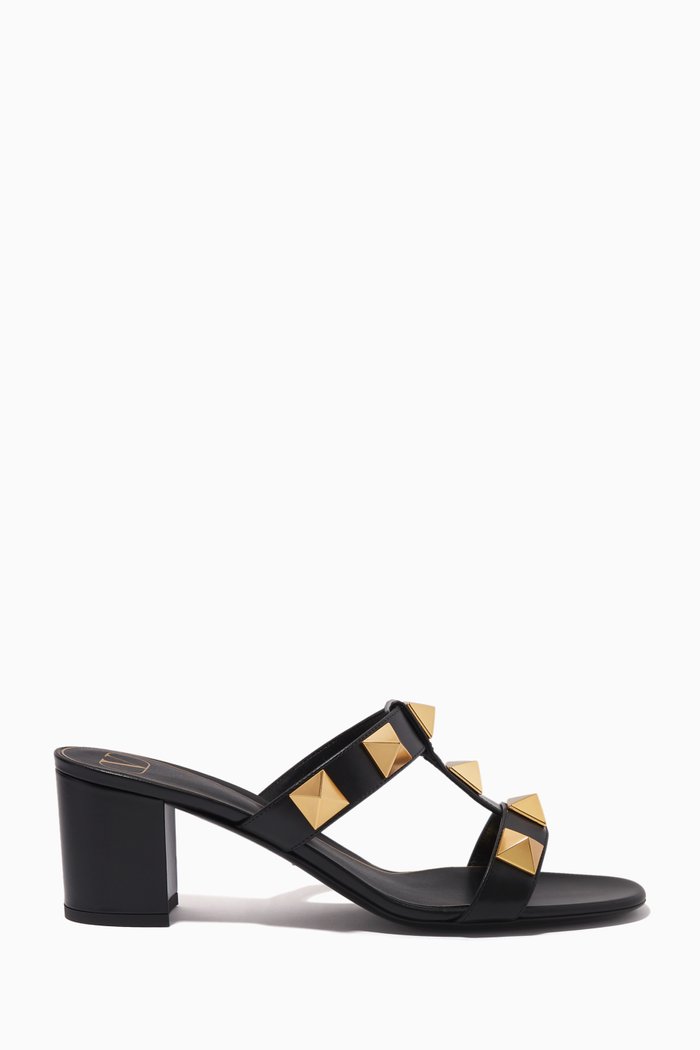 Roman Stud Slide Sandals in Leather, Black
