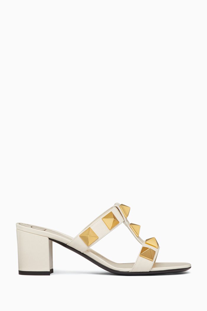 Valentino Garavani Roman Stud Slide Sandals in Leather, White