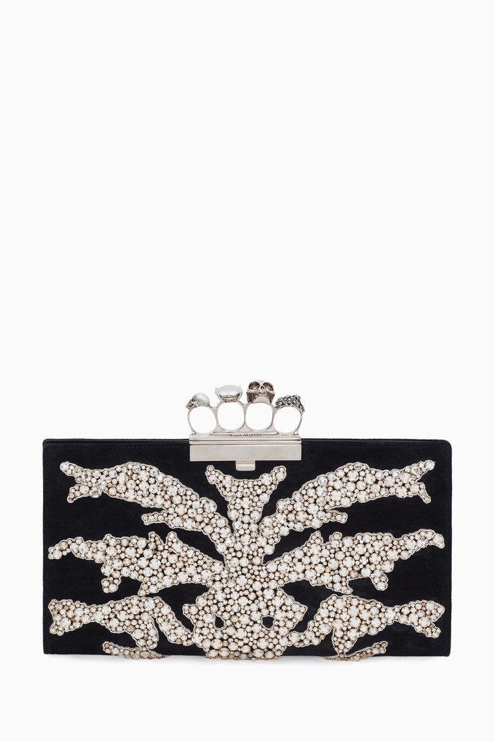 

Crystal Spine Jeweled Flat Clutch in Suede, Black