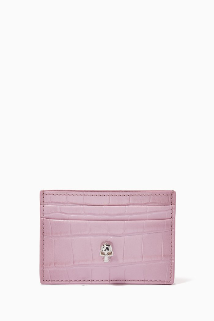 

Skull Card Holder in Croc-embossed Leather, Purple