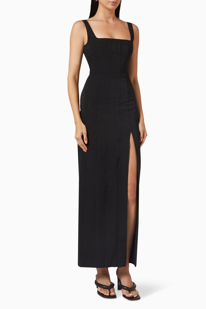 Portrait Panelled Maxi Dress in Moiré, Black