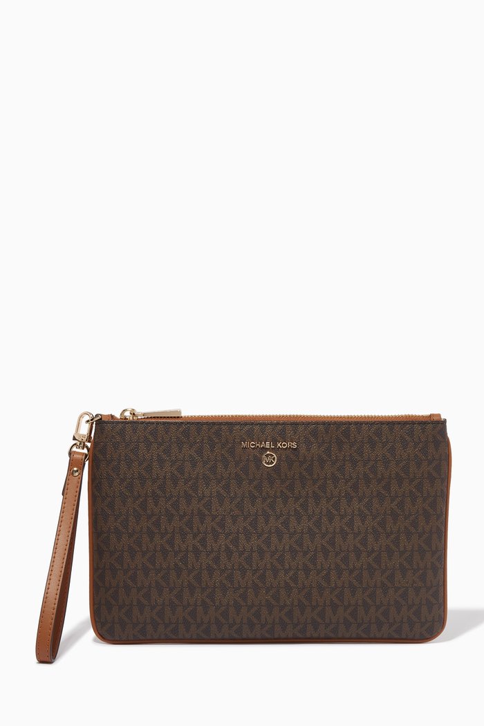 

Jet Set Wristlet Pouch in Logo Canvas, Brown