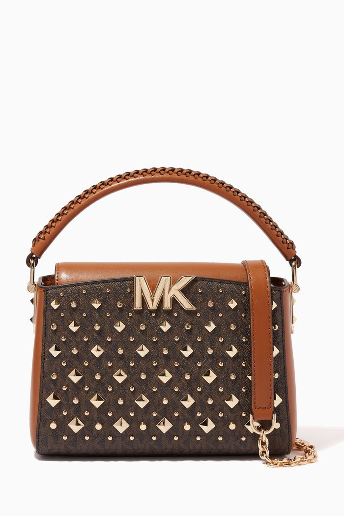 

Small Karlie Satchel Bag in Studded Logo Canvas, Brown