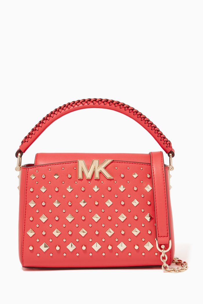 

Small Karlie Satchel Bag in Studded Leather, White