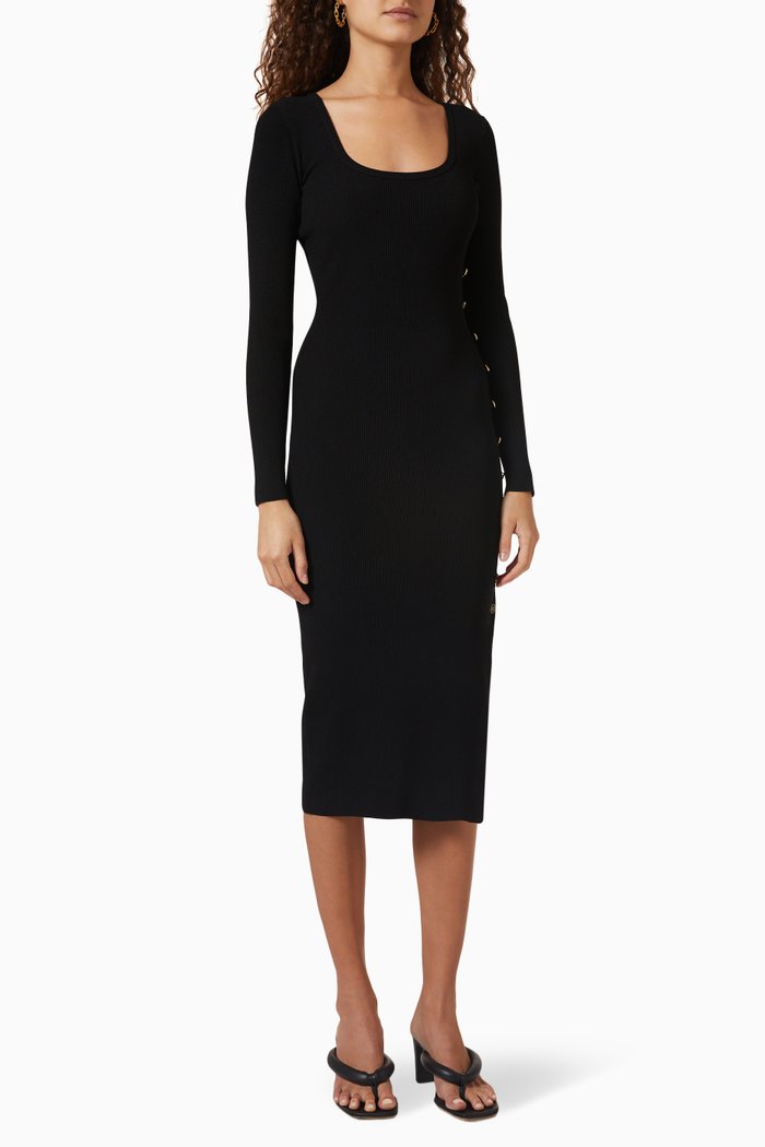

Logo-button Ribbed Midi Dress in Recycled Viscose, Black