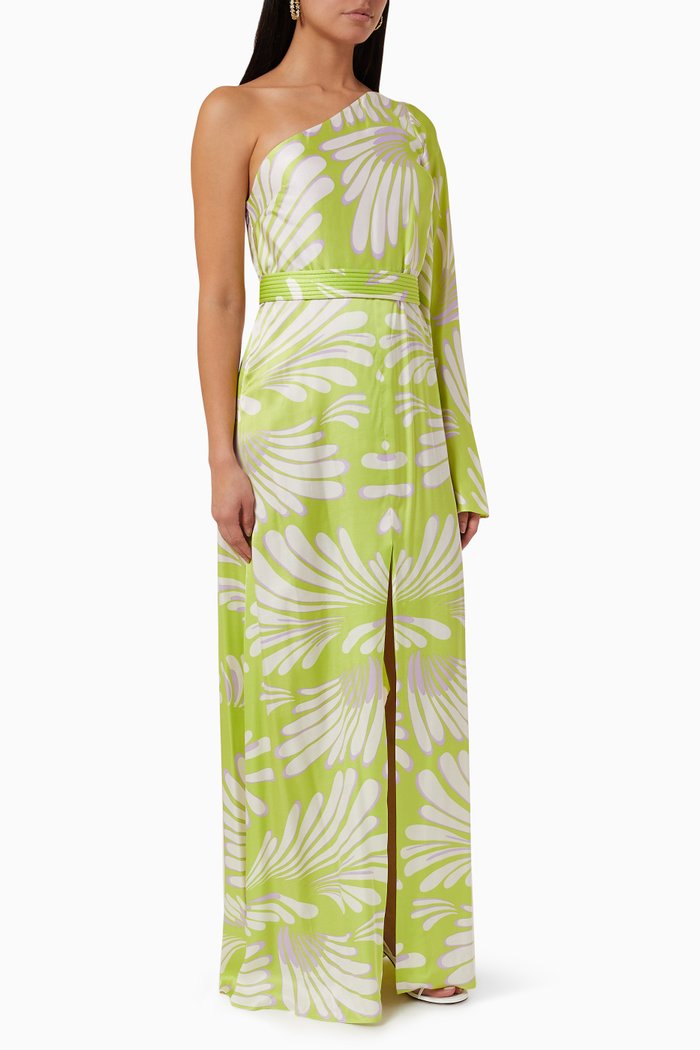 

Lio Printed One-shoulder Gown, Green