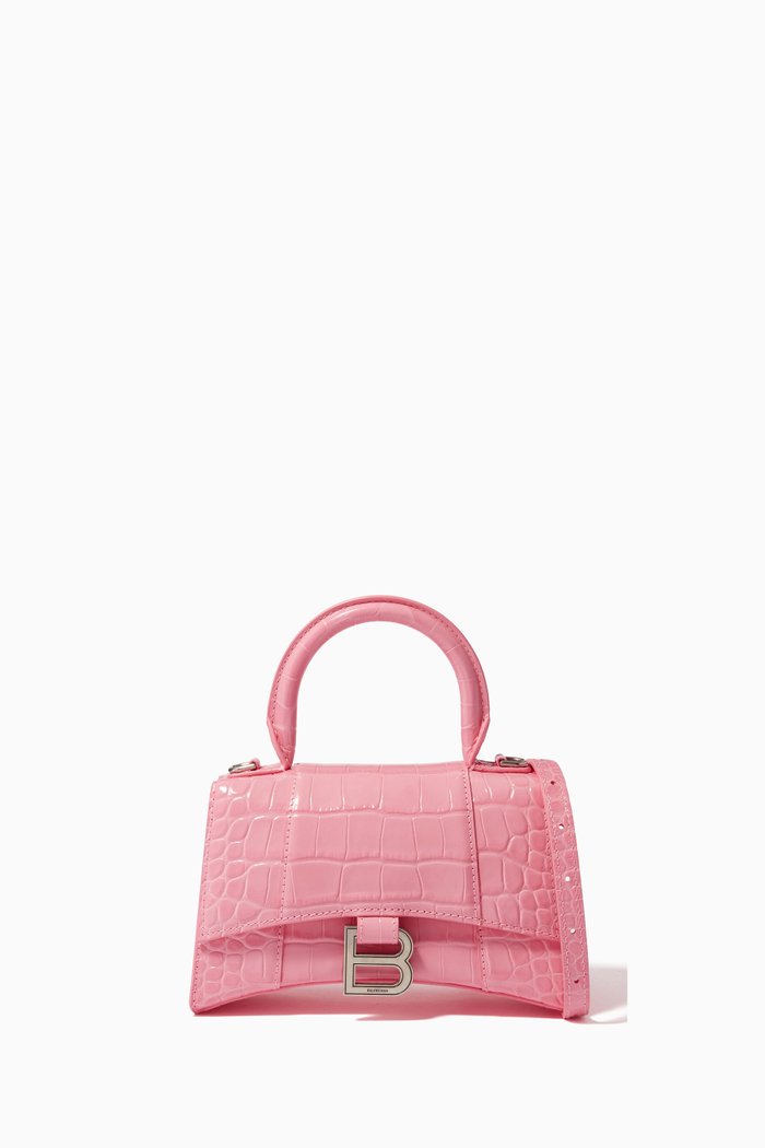 

Hourglass XS Top Handle Bag in Croc-embossed Leather, Pink