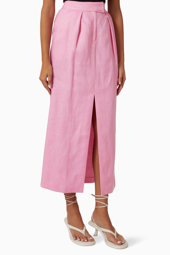 Adele Midi Skirt in Organic Linen, Pink