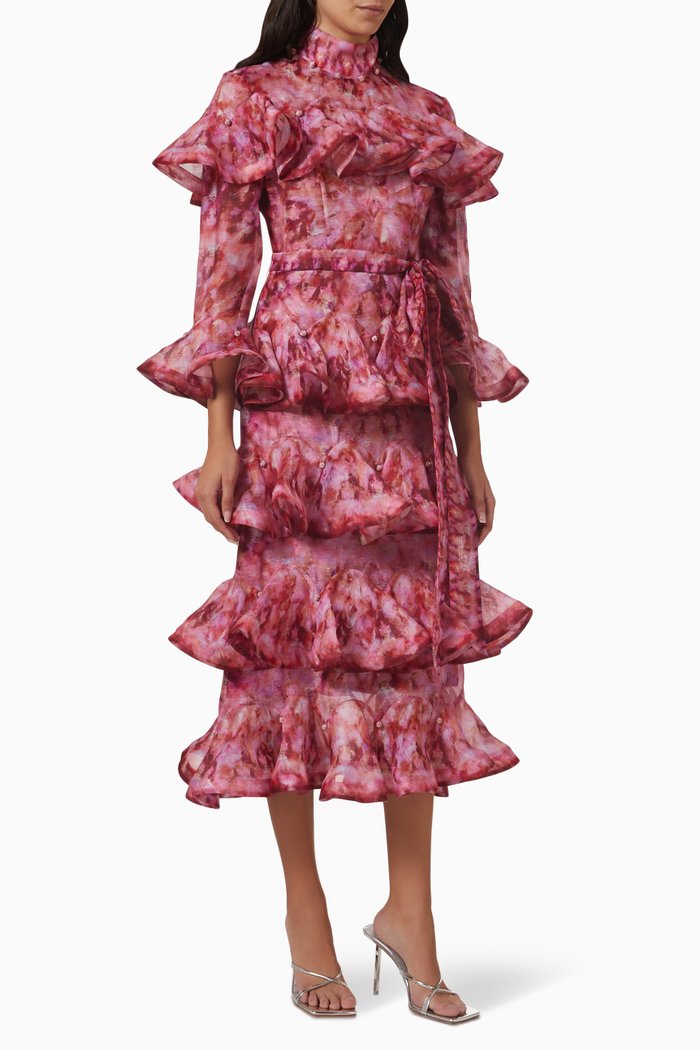

Kaleidoscope Frill Midi Dress in Silk-linen, Pink