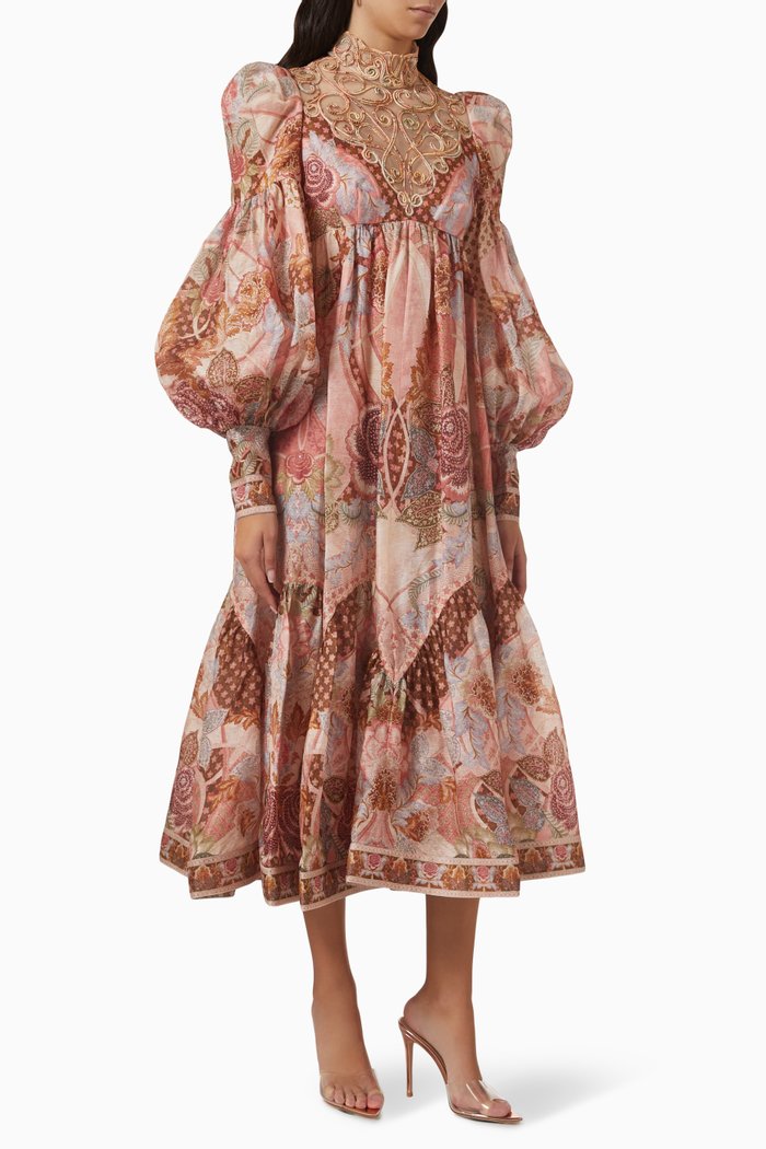 

Kaleidoscope Swirl Yoke Midi Dress in Silk-linen, Multicolour