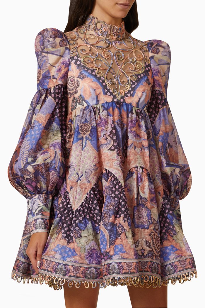 

Celestial Swirl Yoke Mini Dress in Linen-silk, Multicolour