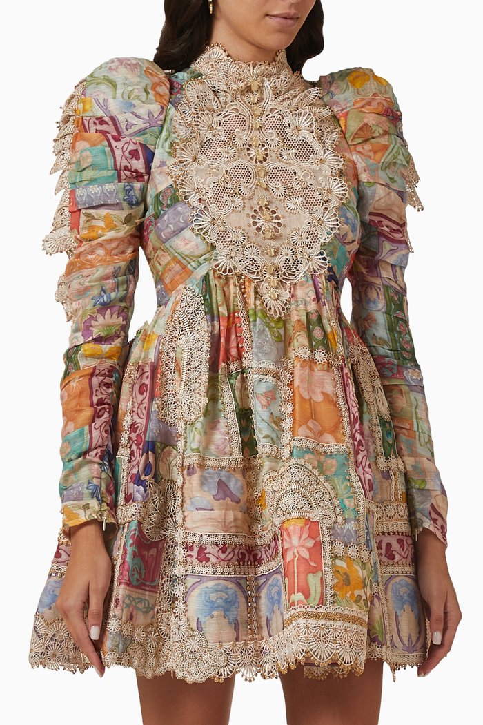 

Cosmic Zodiac Doily Mini Dress in Silk-linen Blend, Multicolour