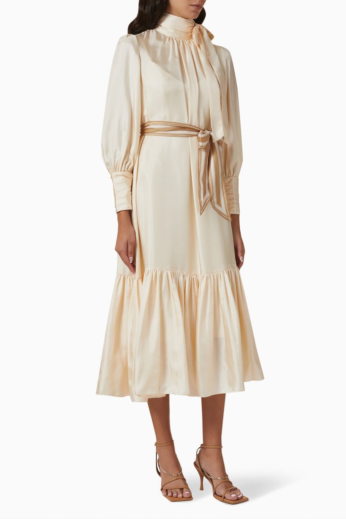 

Celestial Gathered Frill Midi Dress in Silk, Neutral