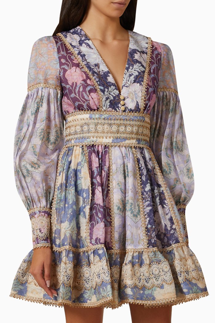 

Celestial Lace-panelled Mini Dress in Linen-silk, Multicolour
