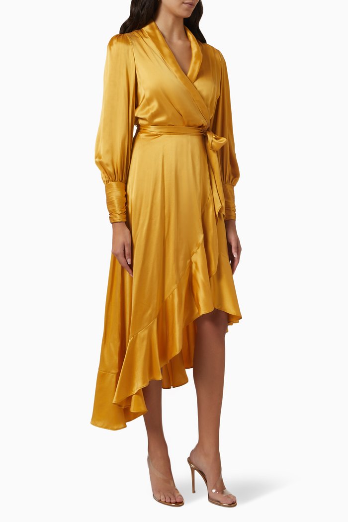 

Wrap Midi Dress in Silk, Gold