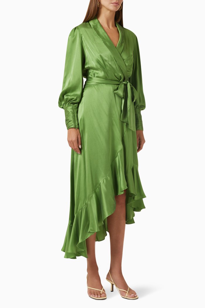 

Wrap Midi Dress in Silk, Green