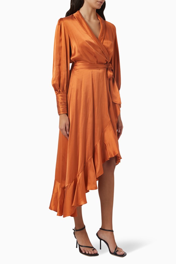 

Wrap Midi Dress in Silk, Orange