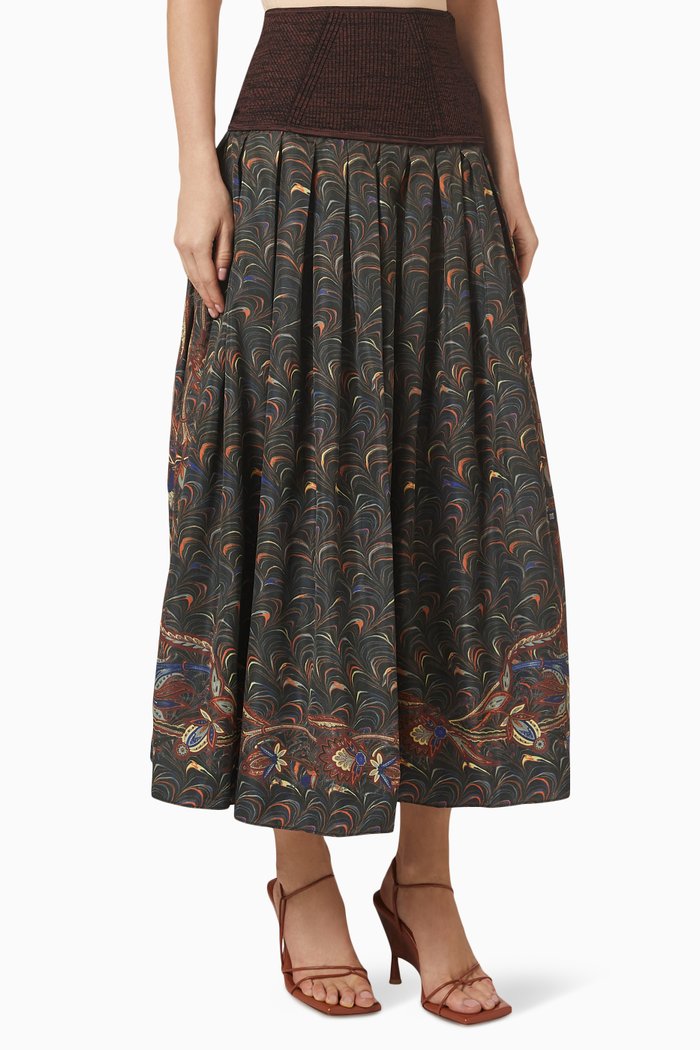 Lena Printed Maxi Skirt in Taffeta & Mouline-knit, Black