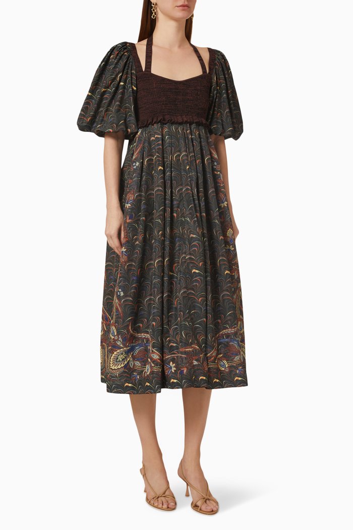 

Philippa Printed Midi Dress in Taffeta & Mouline-knit, Black
