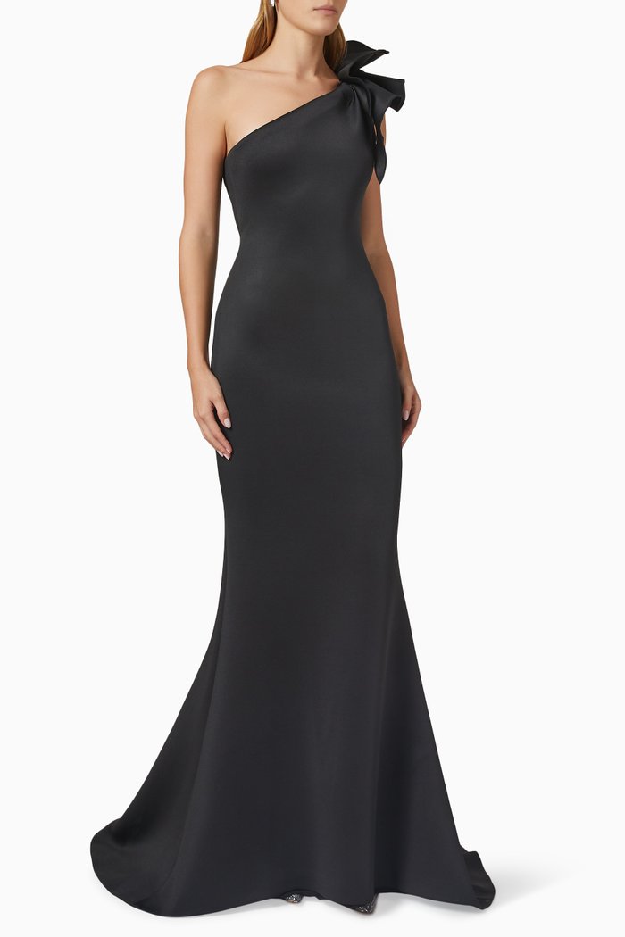 

One-shoulder Ruffle Gown in Satin, Black