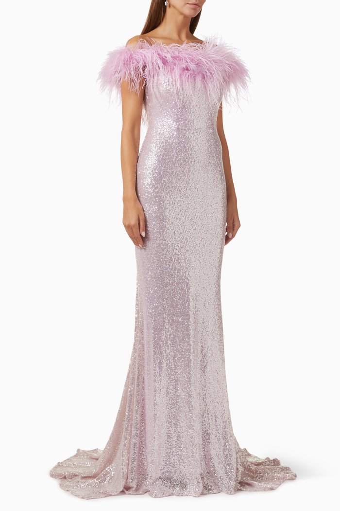

Feather Off-shoulder Sequin Gown, Pink