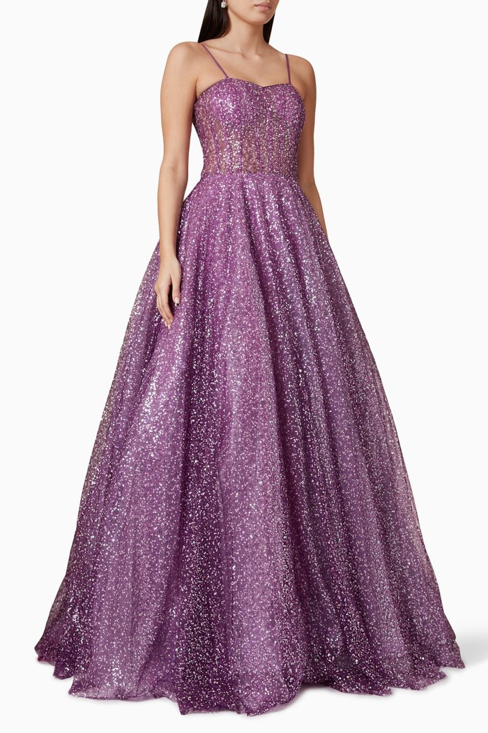 

Lace-up Corset Gown in Glitter Tulle, Purple