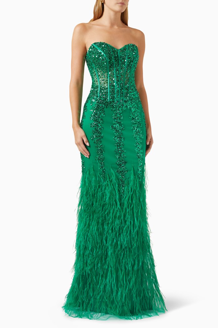 

Embellished Strapless Gown, Green