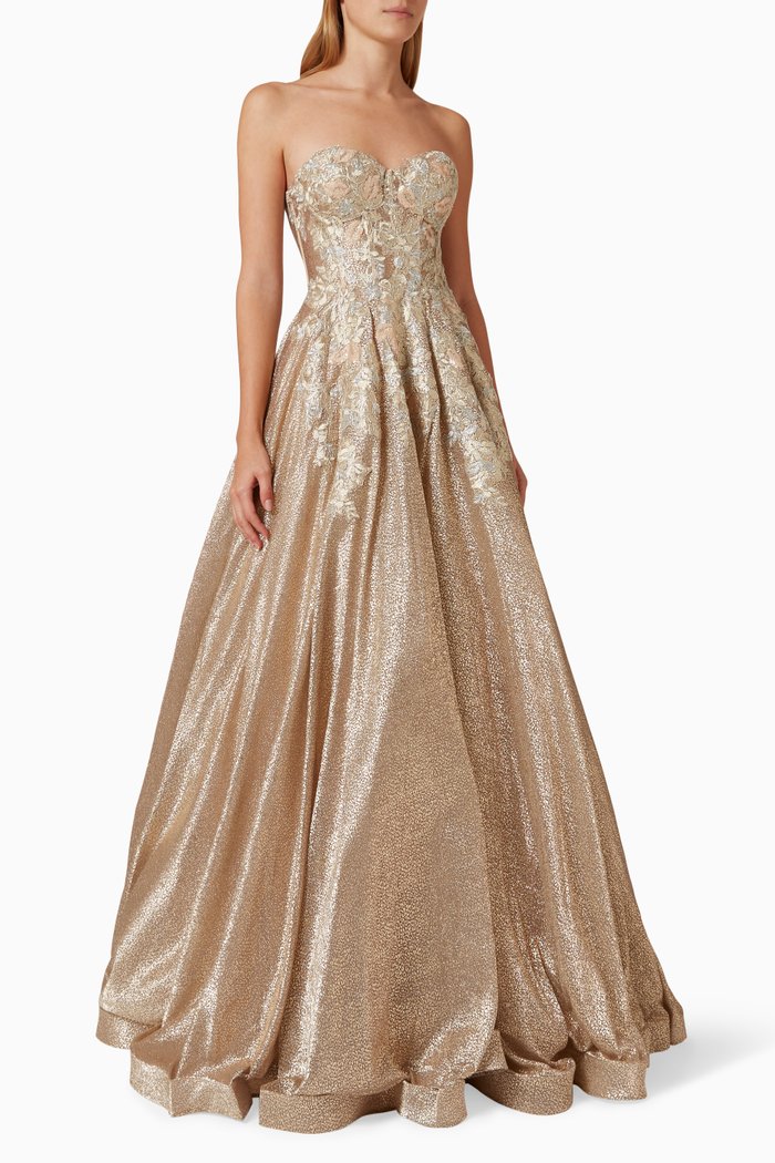 

Floral-appliqué Strapless Gown in Metallic Jacquard, Gold