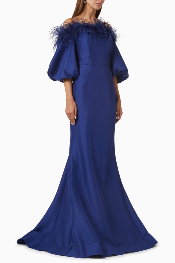 

Feather Off-shoulder Gown, Blue