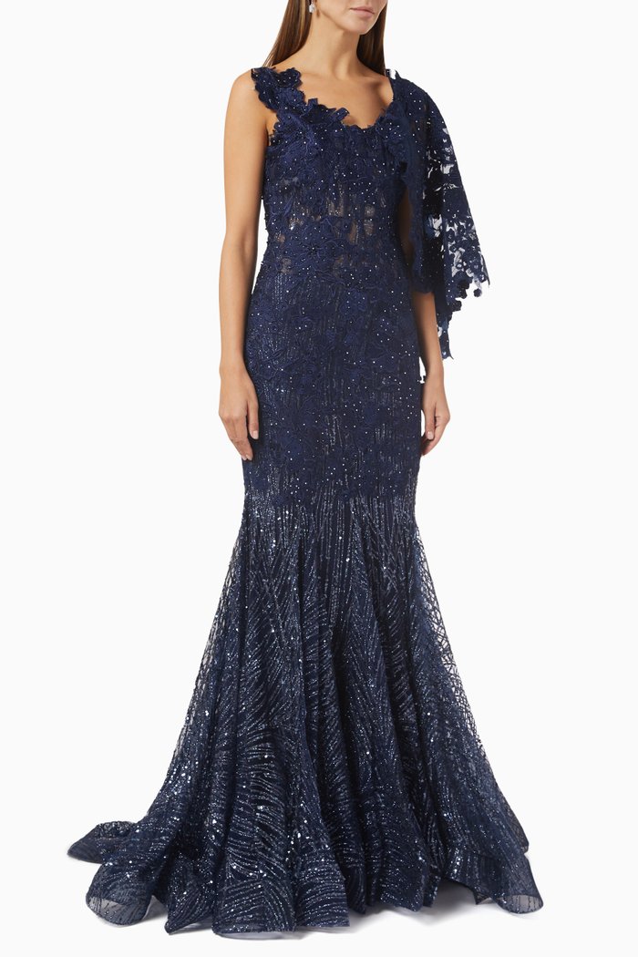 

Mother of the Bride Cape Sleeve Dress in Lace, Blue