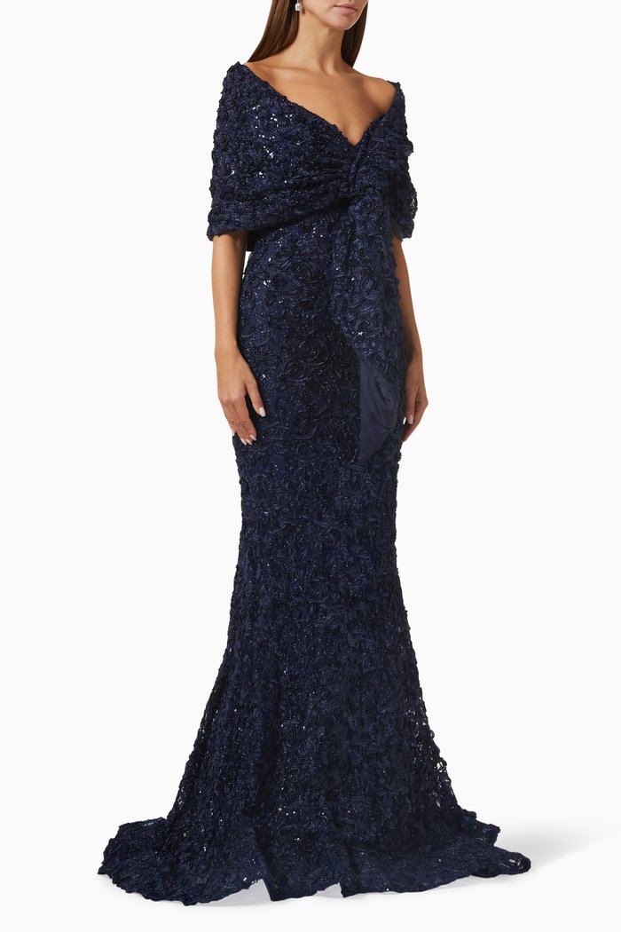 

Floral Embellished Sequin Gown, Blue
