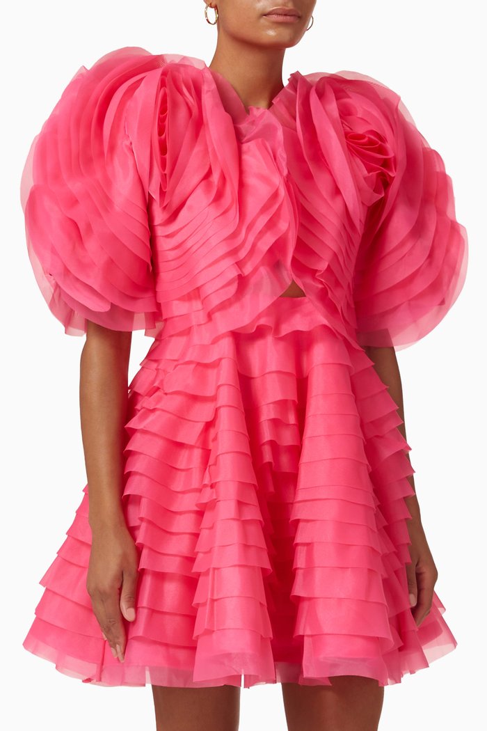 

Amour Ruffle Mini Dress in Linen, Pink