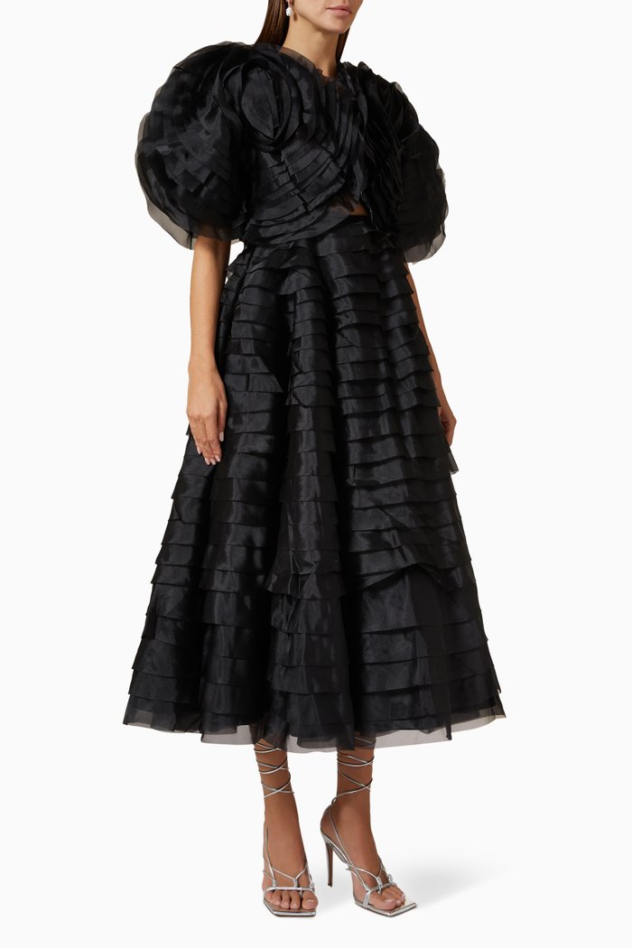 

Amour Ruffle Midi Dress in Linen, Black