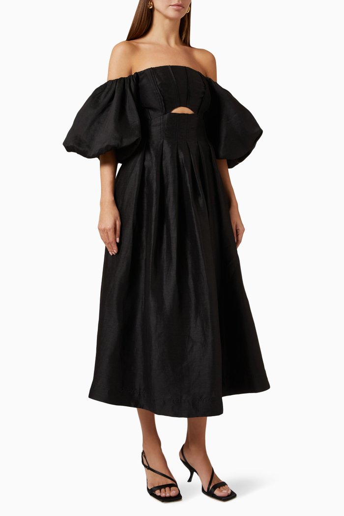 

Eugenie Off-shoulder Midi Dress in Linen, Black