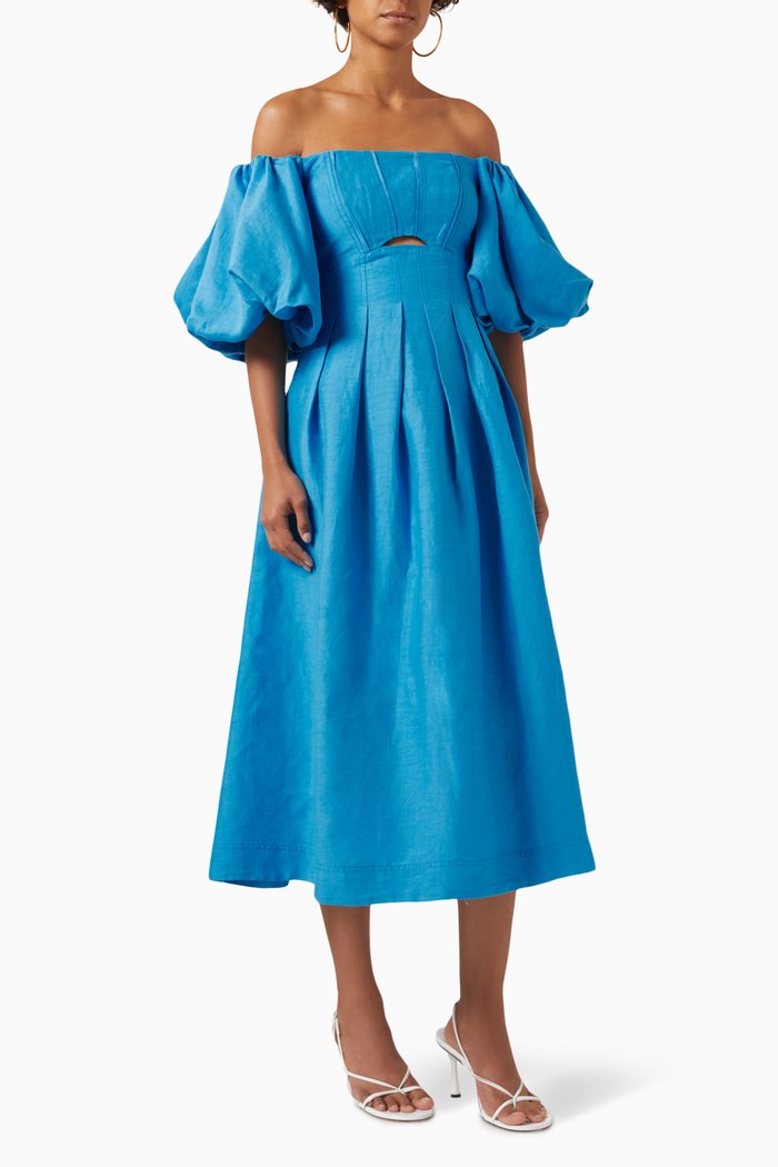 

Eugenie Off-shoulder Midi Dress in Linen, Blue