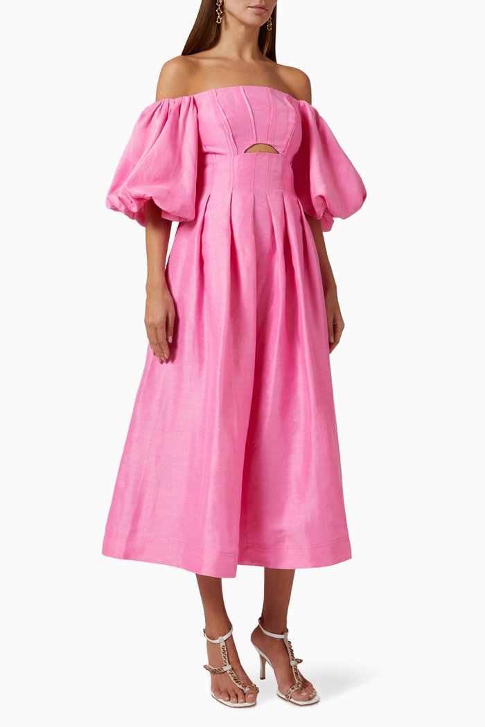 

Eugenie Off-shoulder Midi Dress in Linen, Pink