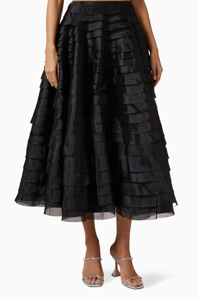 

Amour Ruffle Midi Skirt in Linen, Black